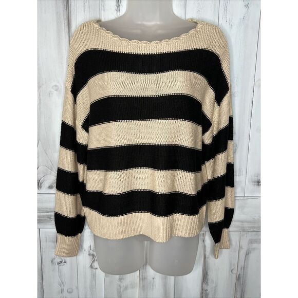 NEW WOMENS LOFT BEIGE BLACK STRIPED BOAT NECK BALLOON SLEEVE BOXY SWEATER SMALL - Picture 1 of 14